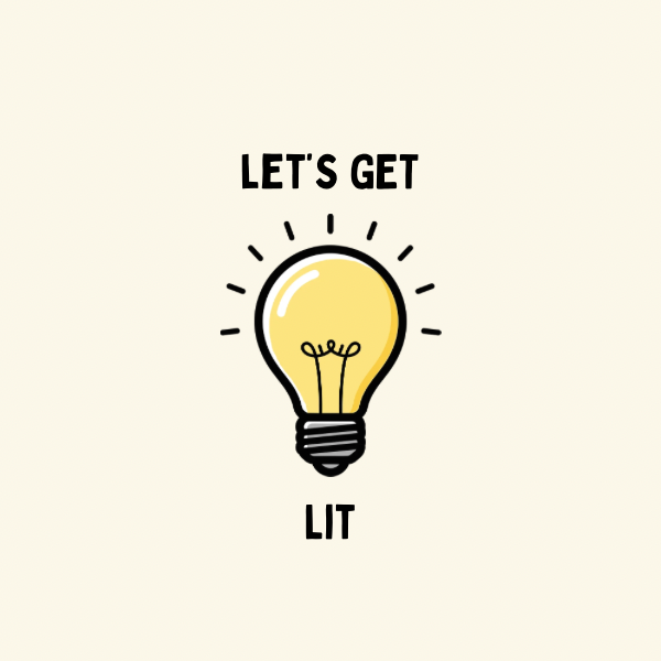 A round, 2-inch fridge magnet with an illustrated light bulb with black text that reads, 'LET'S GET LIT' on a beige background