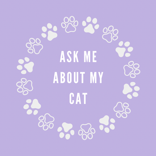 A round, 2-inch fridge magnet featuring a purple background with white paw prints circling text that reads, 'Ask me about my cat'