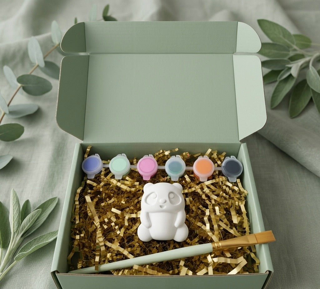 Paintable ceramic panda figurine kit with paintbrush and assorted paint colors