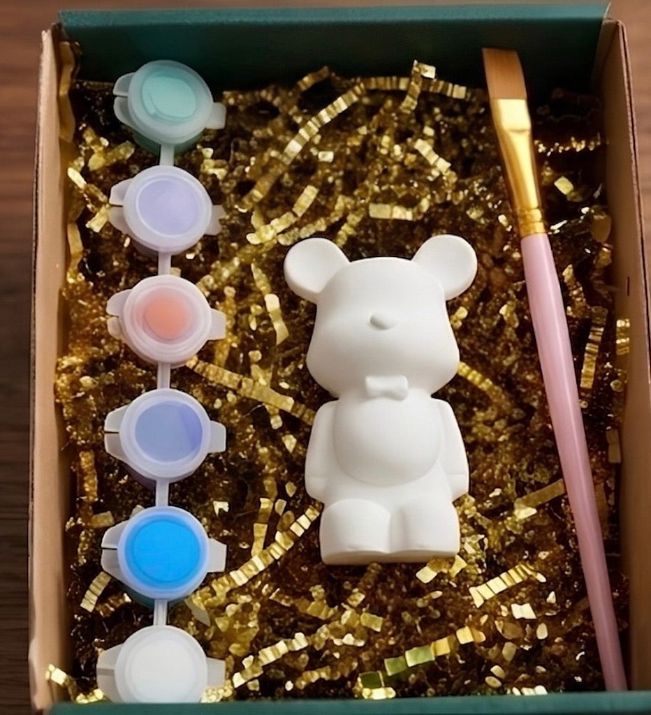 Paintable ceramic bear figurine kit with paintbrush and assorted paint colors