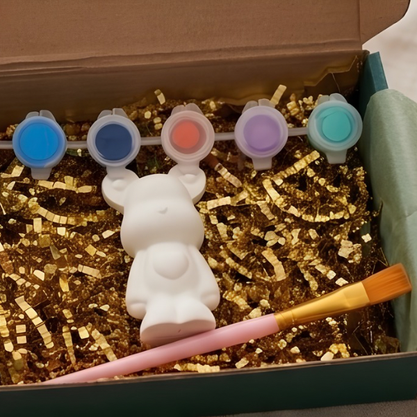 Paintable ceramic bear figurine kit with paintbrush and assorted paint colors