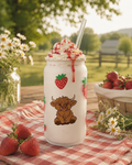 Frosted can cup, strawberry and highland cow themed.