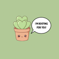 A round, 2-inch fridge magnet with a cute potted plant with a speech bubble saying, 'I'm rooting for you!' on a sage green background