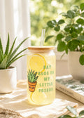 Frosted can cup with plant design and text 'Say aloe to my little friend'.