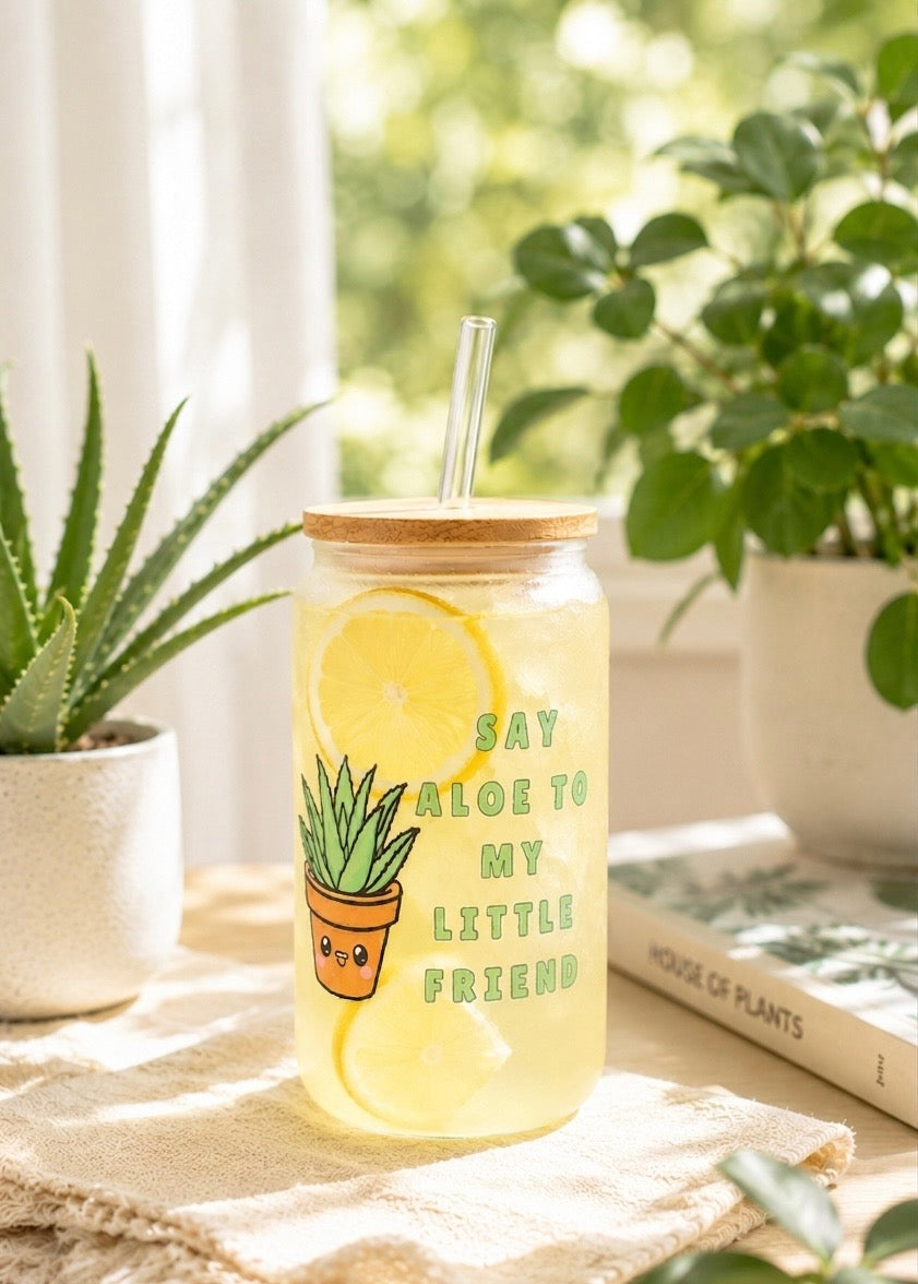 Frosted can cup with plant design and text 'Say aloe to my little friend'.