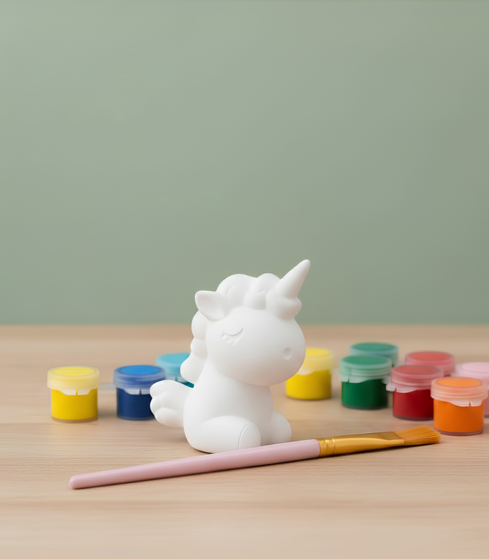 Paintable ceramic unicorn figurine kit with paintbrush and assorted paint colors