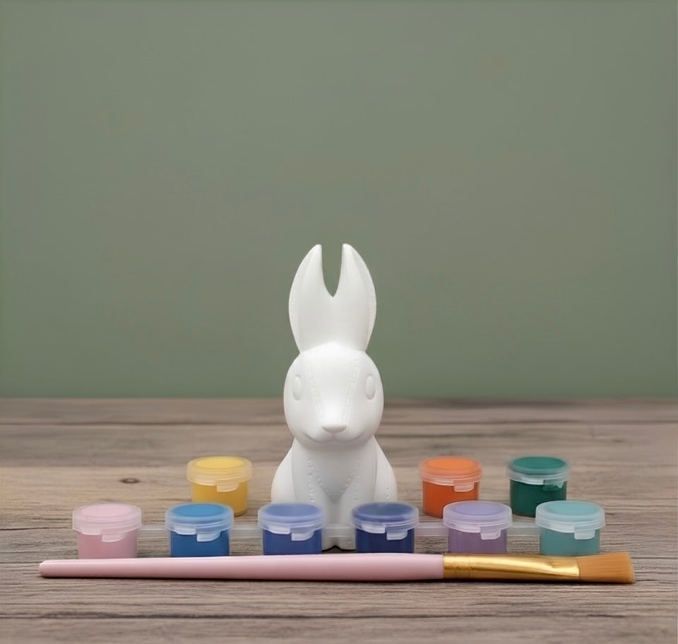 Paintable ceramic bunny rabbit figurine kit with paintbrush and assorted paint colors