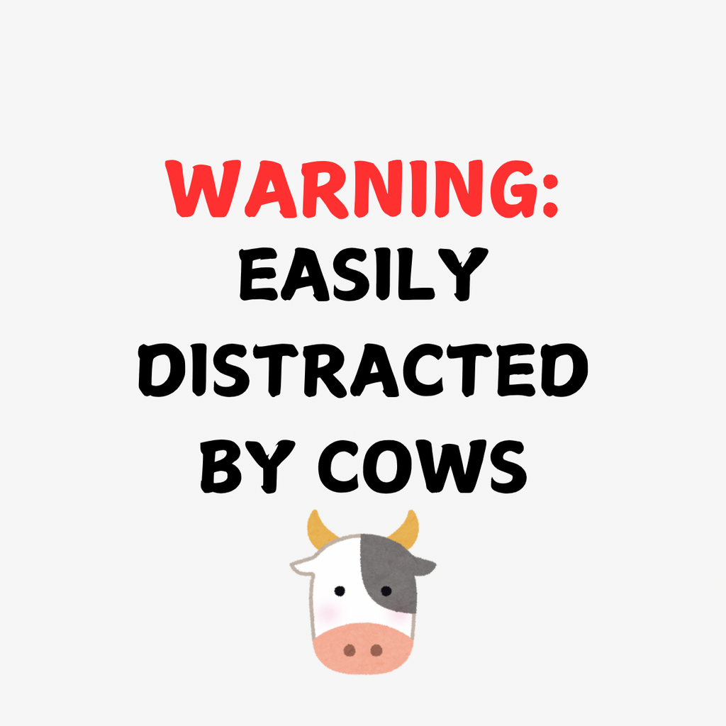 A round, 2-inch fridge magnet with cartoon cow with text 'WARNING: EASILY DISTRACTED BY COWS' on a white background