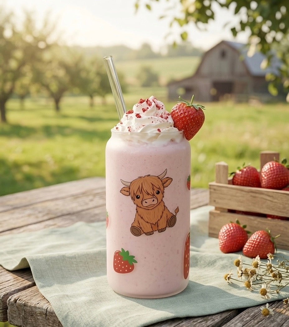 Frosted can cup with a highland cow and strawberry design. 