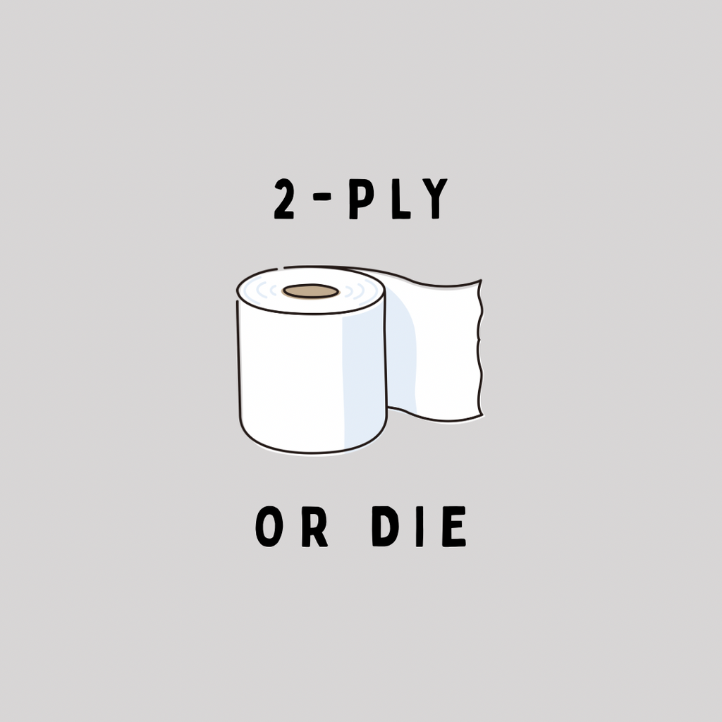 A round, 2-inch fridge magnet with a roll of toilet paper on it and '2-PLY OR DIE' text on a gray background