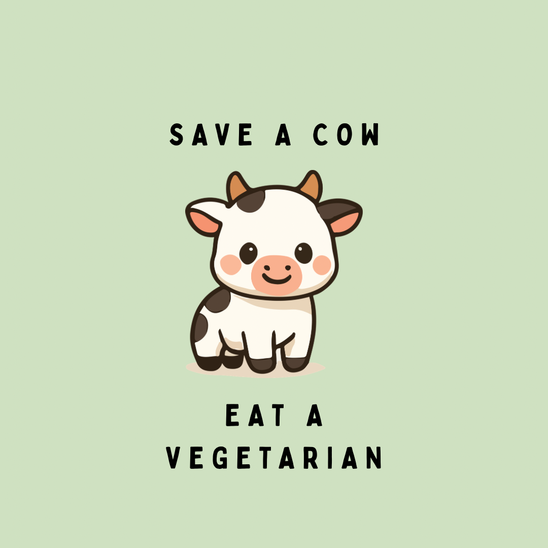 A round, 2-inch fridge magnet with a cute cartoon cow with black text that reads, 'Save a cow, eat a vegetarian' on a light green background