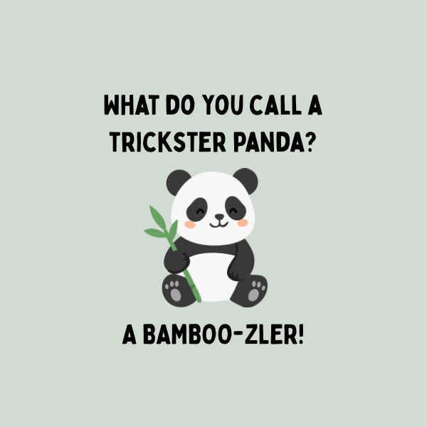 A round, 2-inch fridge magnet featuring a cartoon panda holding a bamboo stick with black text that reads, 'What do you call a trickster panda? A bamboo-zler,' on a light gray background