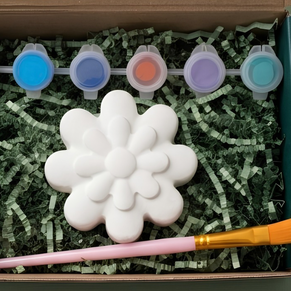 Paintable ceramic flower figurine kit with paintbrush and assorted paint colors