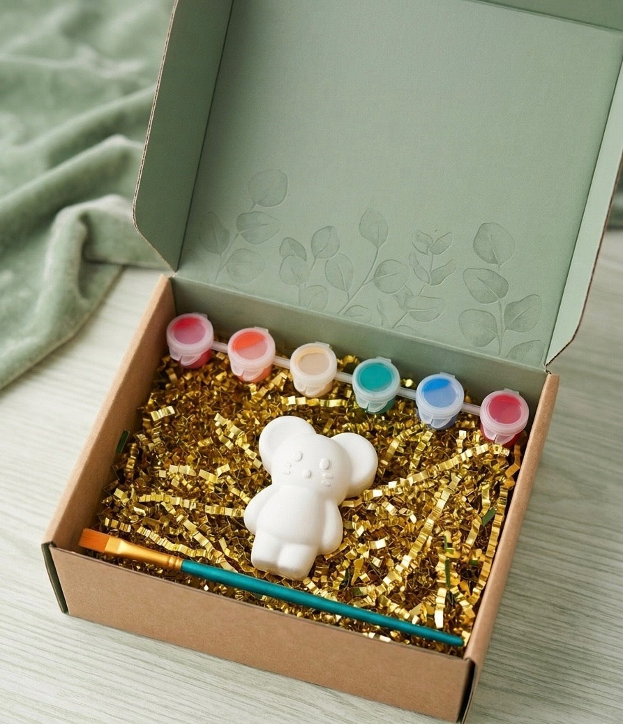 Paintable ceramic mouse figurine kit with paintbrush and assorted paint colors