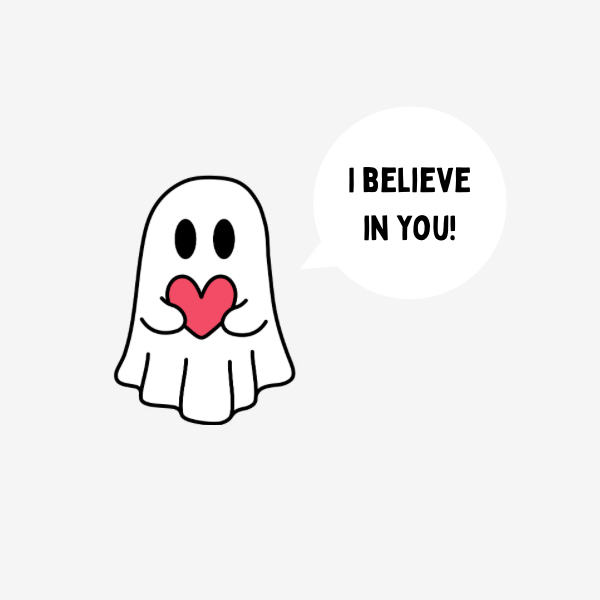 A round, 2-inch fridge magnet featuring a ghost illustration holding a heart and 'I Believe In You!' text on a white background