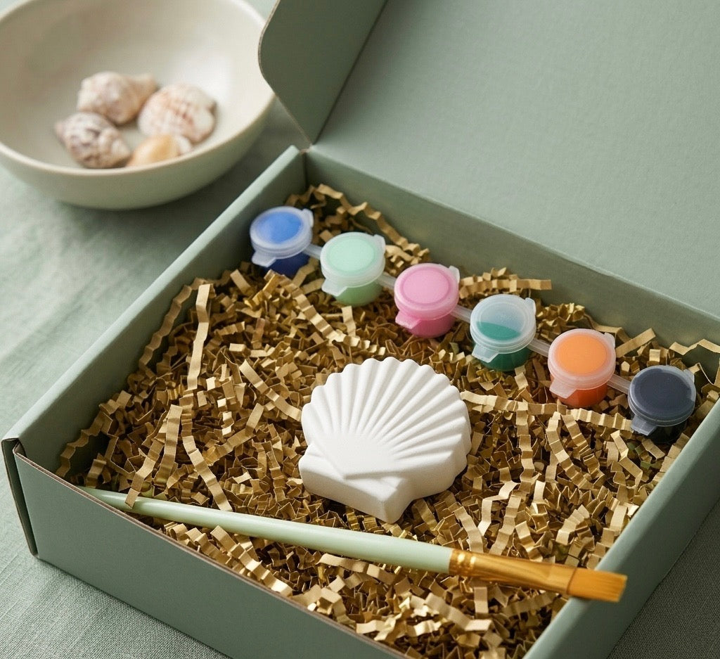 Paintable ceramic seashell figurine kit with paintbrush and assorted paint colors