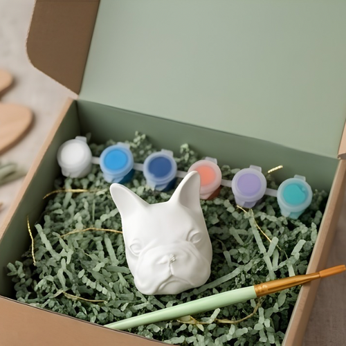 Paintable ceramic frenchie figurine kit with paintbrush and assorted paint colors