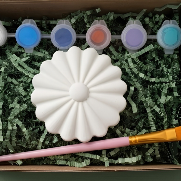 Paintable ceramic flower figurine kit with paintbrush and assorted paint colors