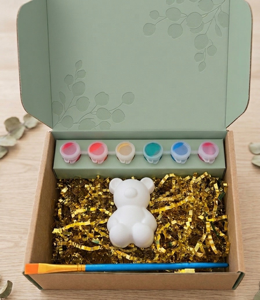 Paintable ceramic teddy bear figurine kit with paintbrush and assorted paint colors