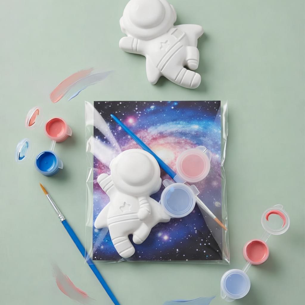 Paintable ceramic astronaut figurine kit with paintbrush and assorted paint colors