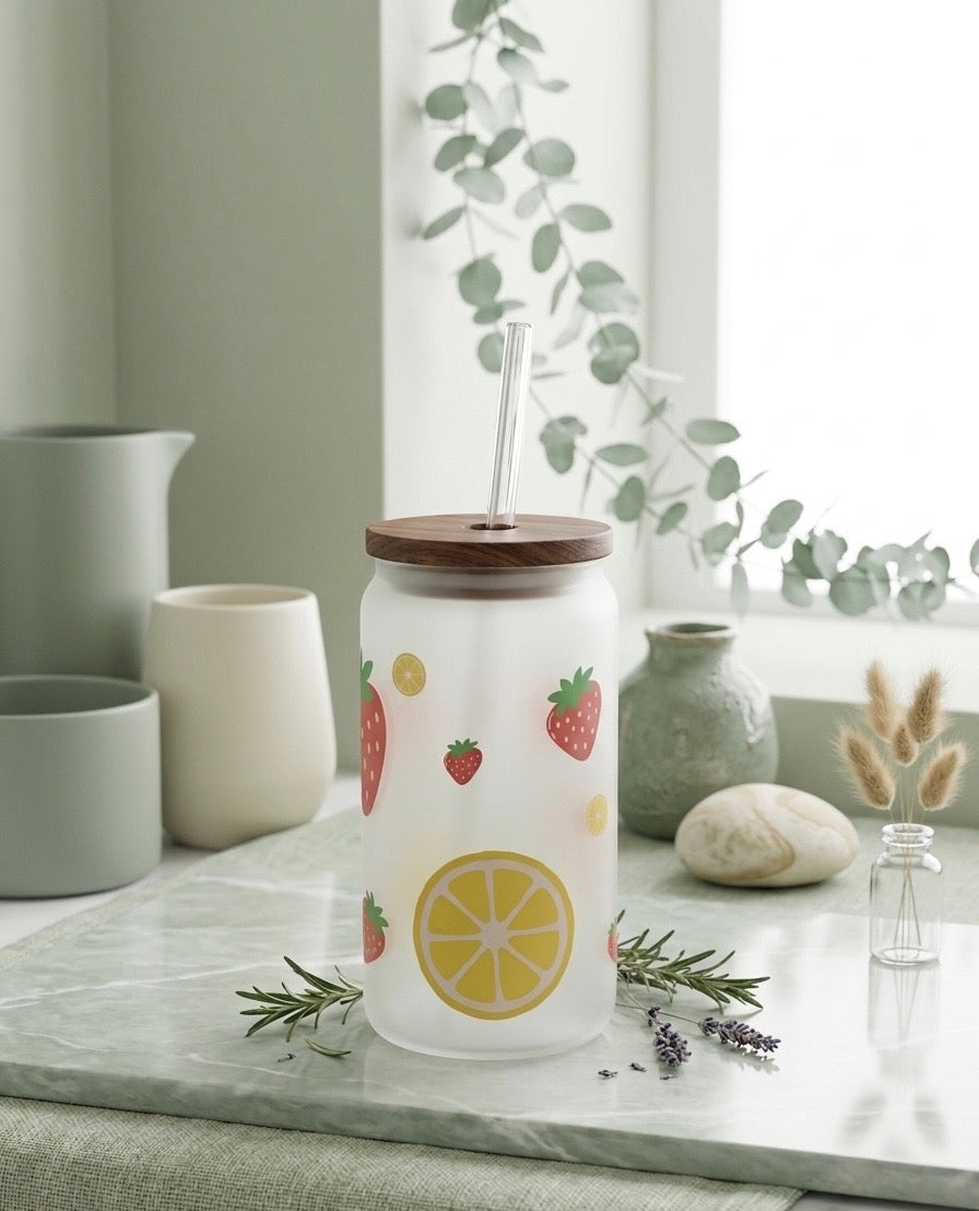 Frosted can cup with a strawberry and lemon design.