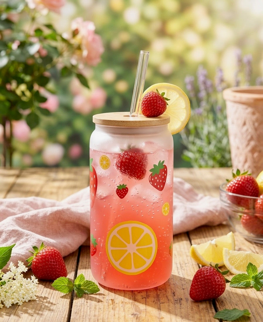 Frosted can cup with strawberries and lemons.
