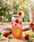Frosted can cup with strawberries and lemons.