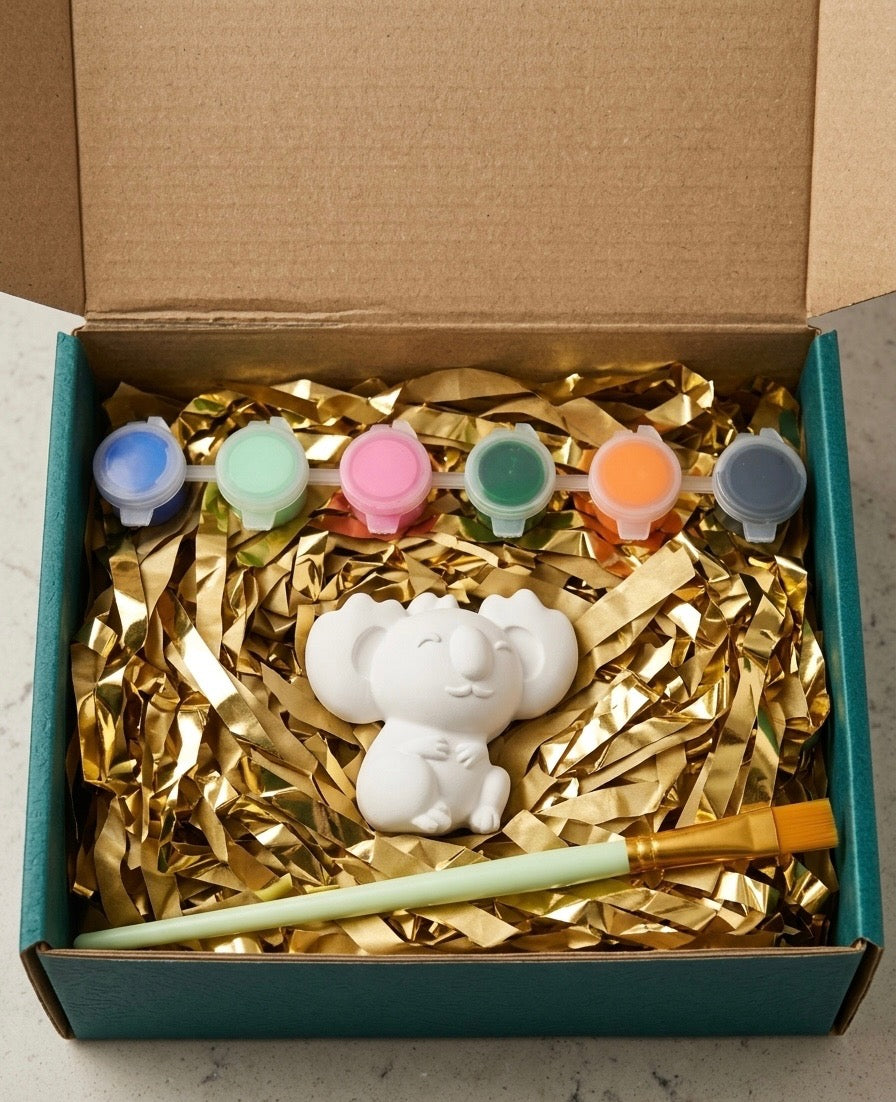 Paintable ceramic koala figurine kit with paintbrush and assorted paint colors