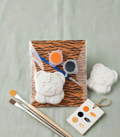 Paintable ceramic tiger figurine kit with paintbrush and assorted paint colors