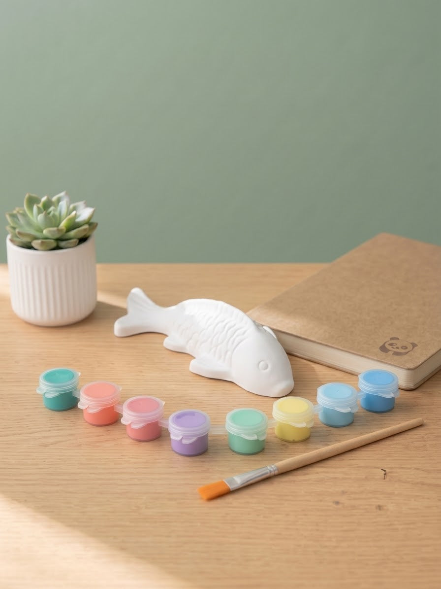 Paintable ceramic Koi fish figurine kit with paintbrush and assorted paint colors