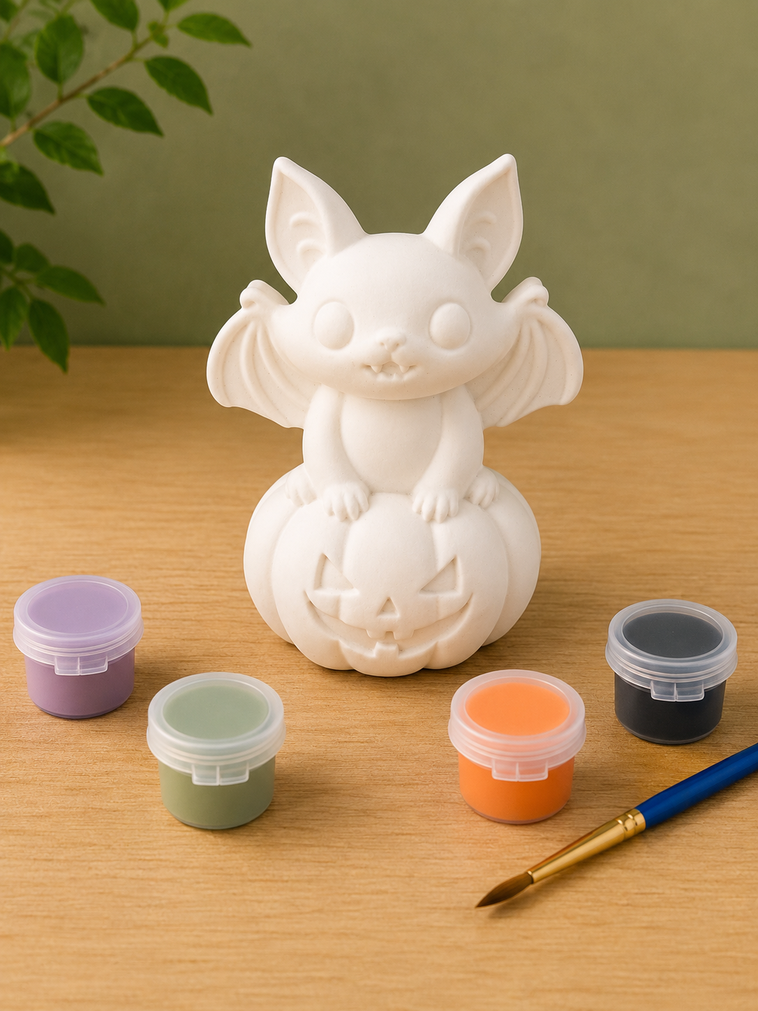 Paintable ceramic bat figurine kit with paintbrush and assorted paint colors