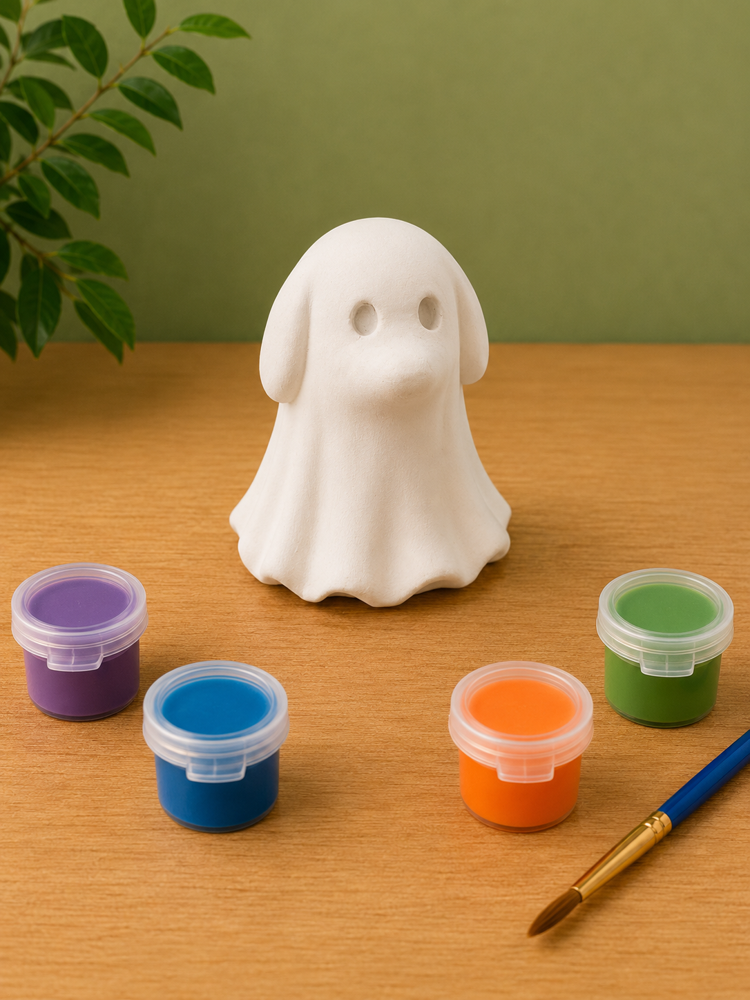 Paintable ceramic ghost dog figurine kit with paintbrush and assorted paint colors
