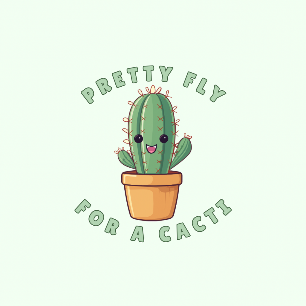 A round, 2-inch fridge magnet with a cartoon cactus sitting in a pot and text 'Pretty fly for a cacti' on a white background