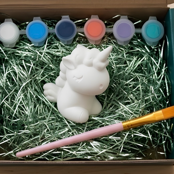 Paintable ceramic unicorn figurine kit with paintbrush and assorted paint colors