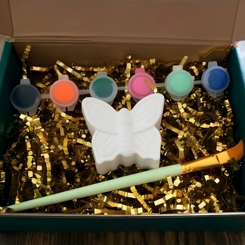 Paintable ceramic butterfly figurine kit with paintbrush and assorted paint colors