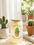 Frosted can cup with a cactus design and text reading "Pretty fly for a cacti". 