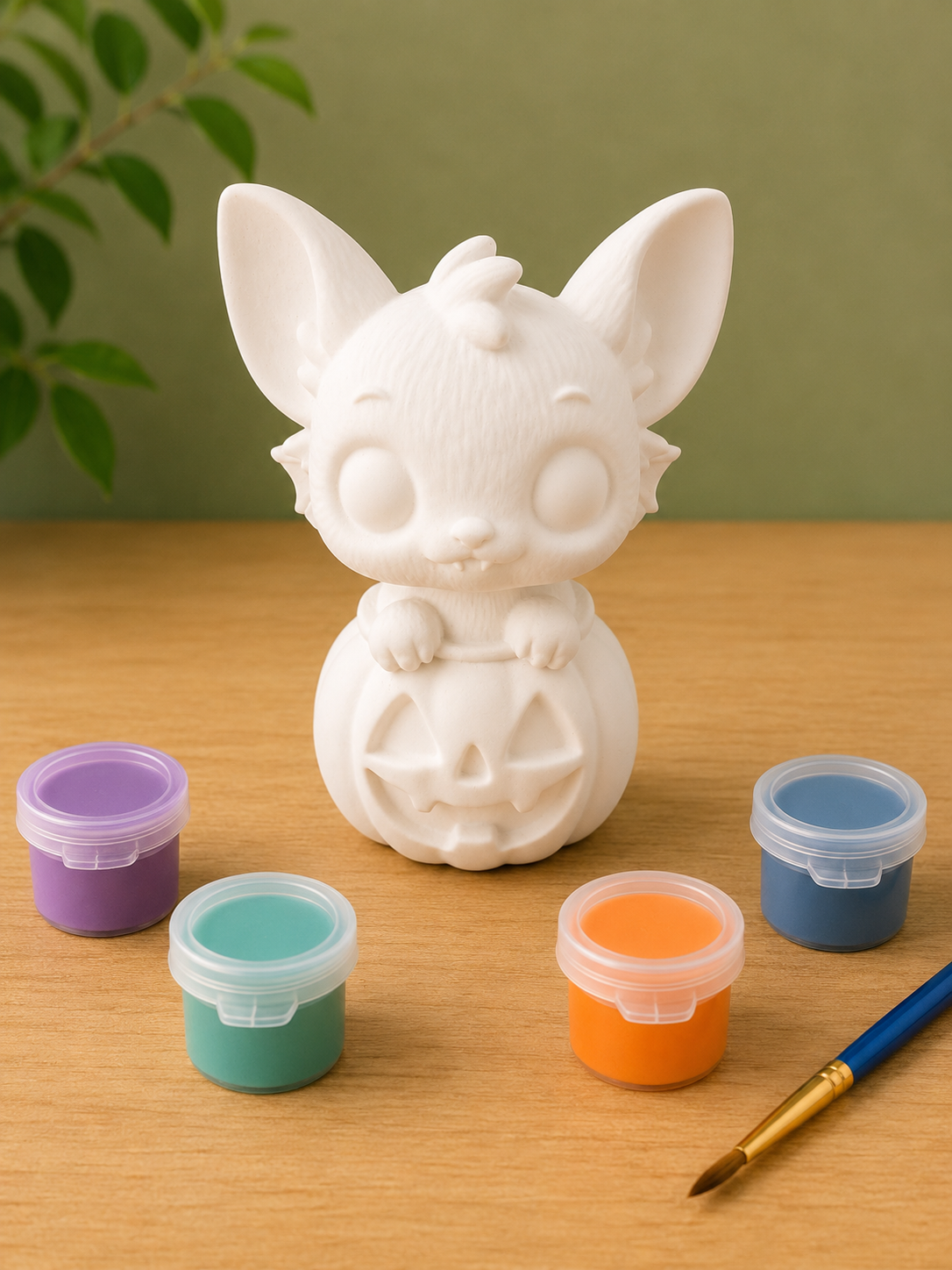 Paintable ceramic bat figurine kit with paintbrush and assorted paint colors
