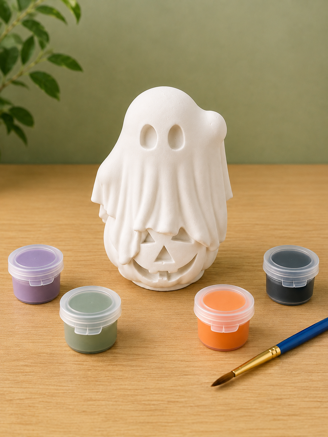 Paintable ceramic ghost figurine kit with paintbrush and assorted paint colors