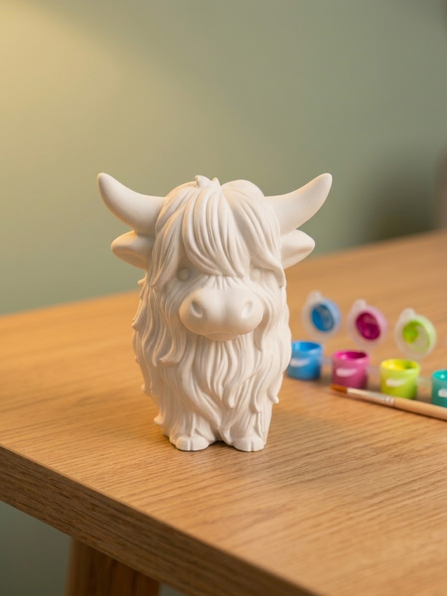 Paintable ceramic Highland cow figurine kit with paintbrush and assorted paint colors