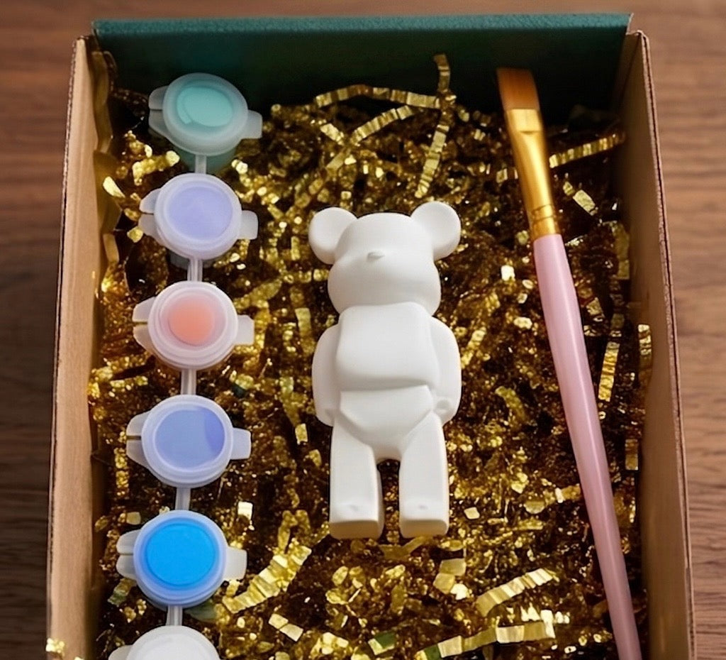 Paintable ceramic bear figurine kit with paintbrush and assorted paint colors