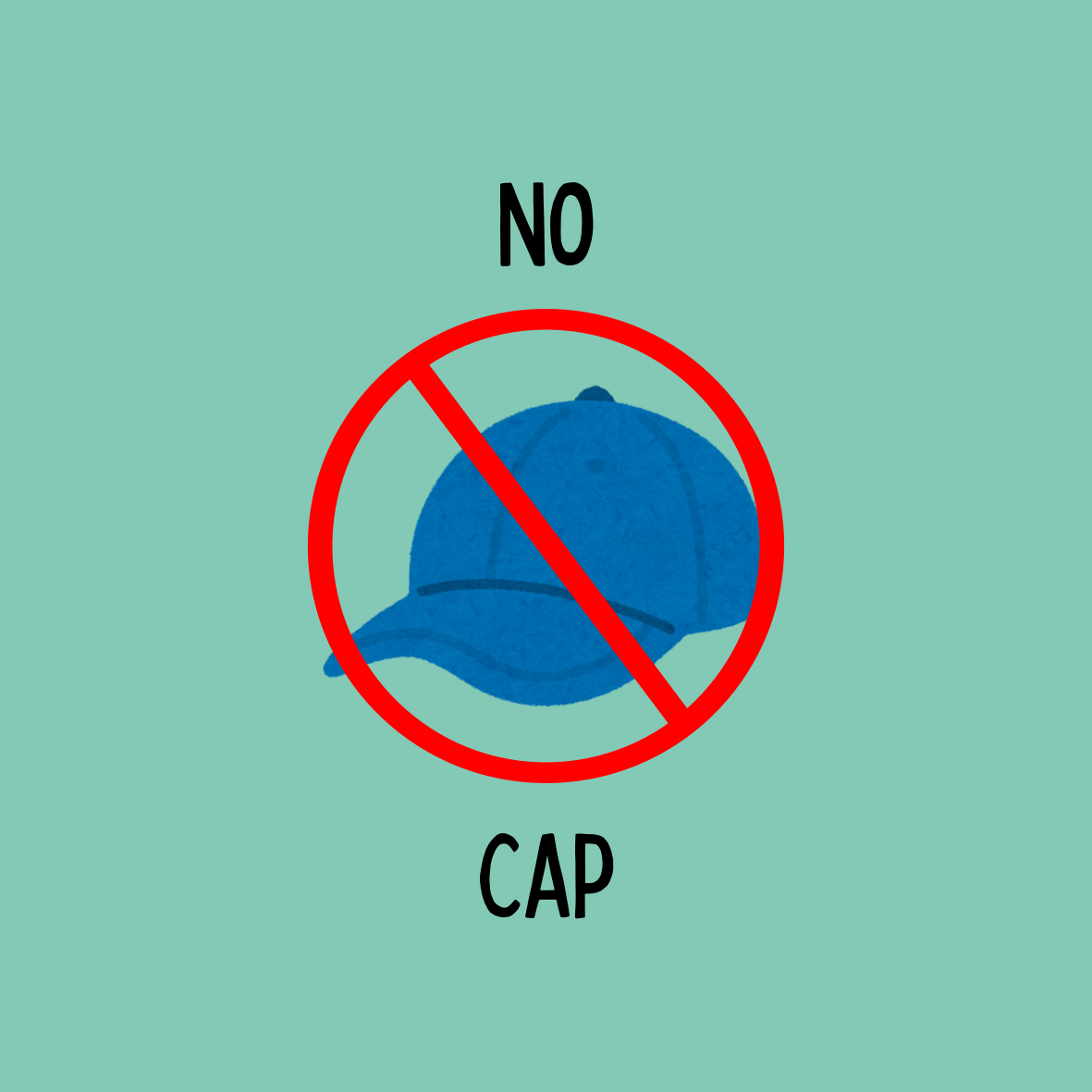A round, 2-inch fridge magnet with a prohibited sign over an illustrated blue cap on a light green background with black text that reads, 'NO CAP'