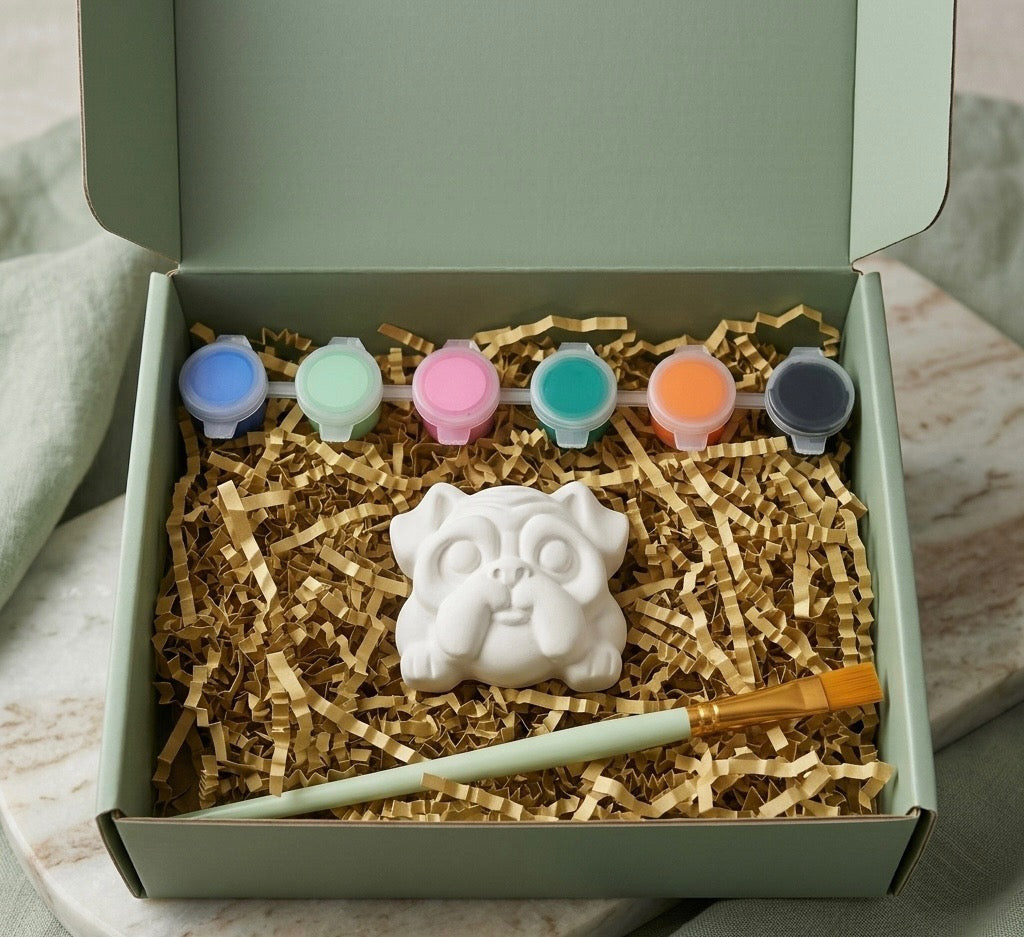 Paintable ceramic bull dog figurine kit with paintbrush and assorted paint colors