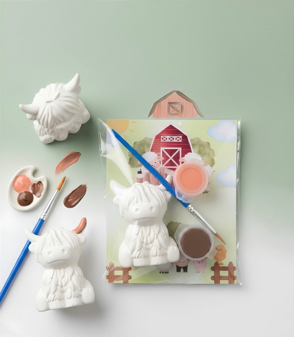 Paintable ceramic highland cow figurine kit with paintbrush and assorted paint colors