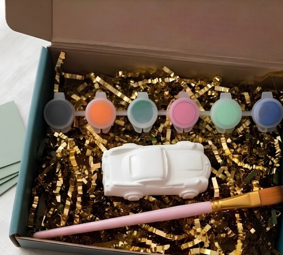 Paintable ceramic car figurine kit with paintbrush and assorted paint colors