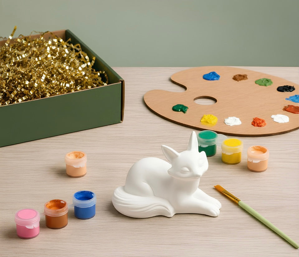 Paintable ceramic fox figurine kit with paintbrush and assorted paint colors