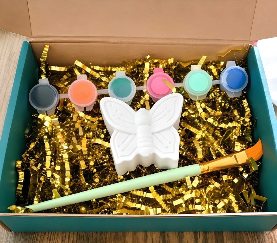 Paintable ceramic butterfly figurine kit with paintbrush and assorted paint colors