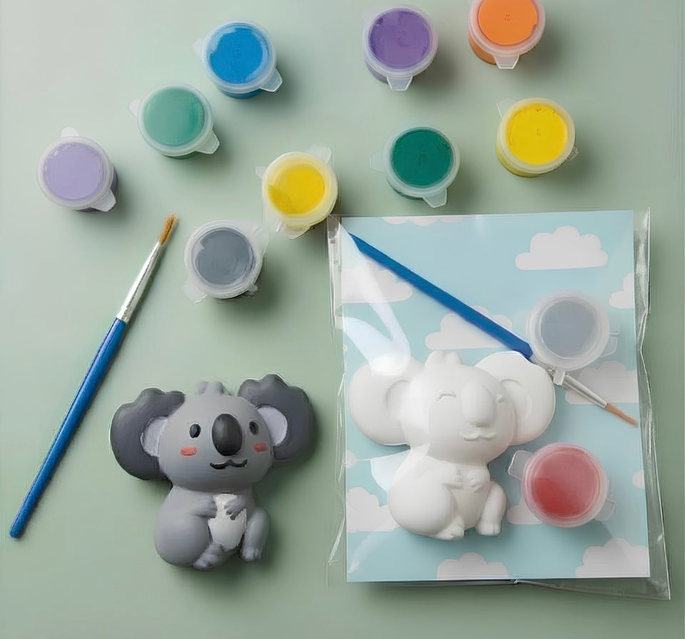 Paintable ceramic koala figurine kit with paintbrush and assorted paint colors
