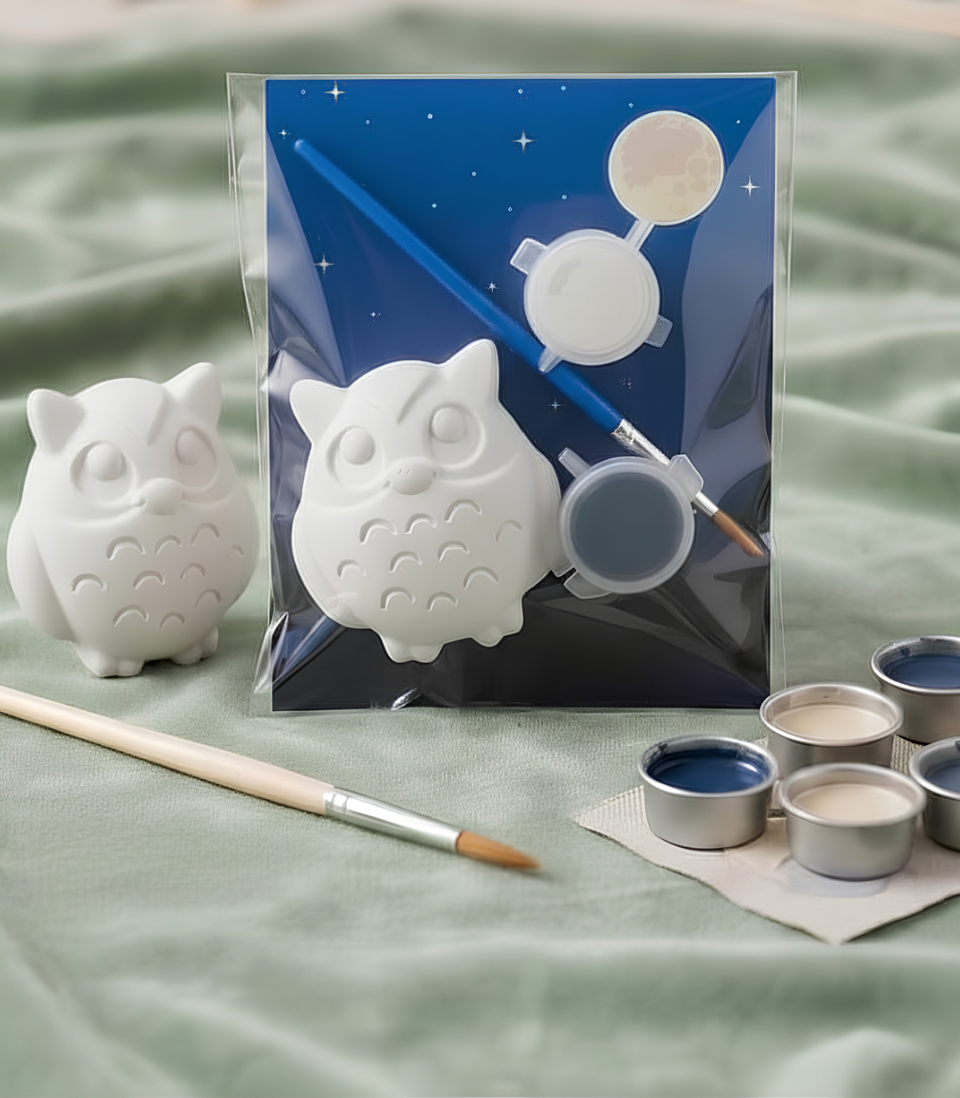 Paintable ceramic owl figurine kit with paintbrush and assorted paint colors
