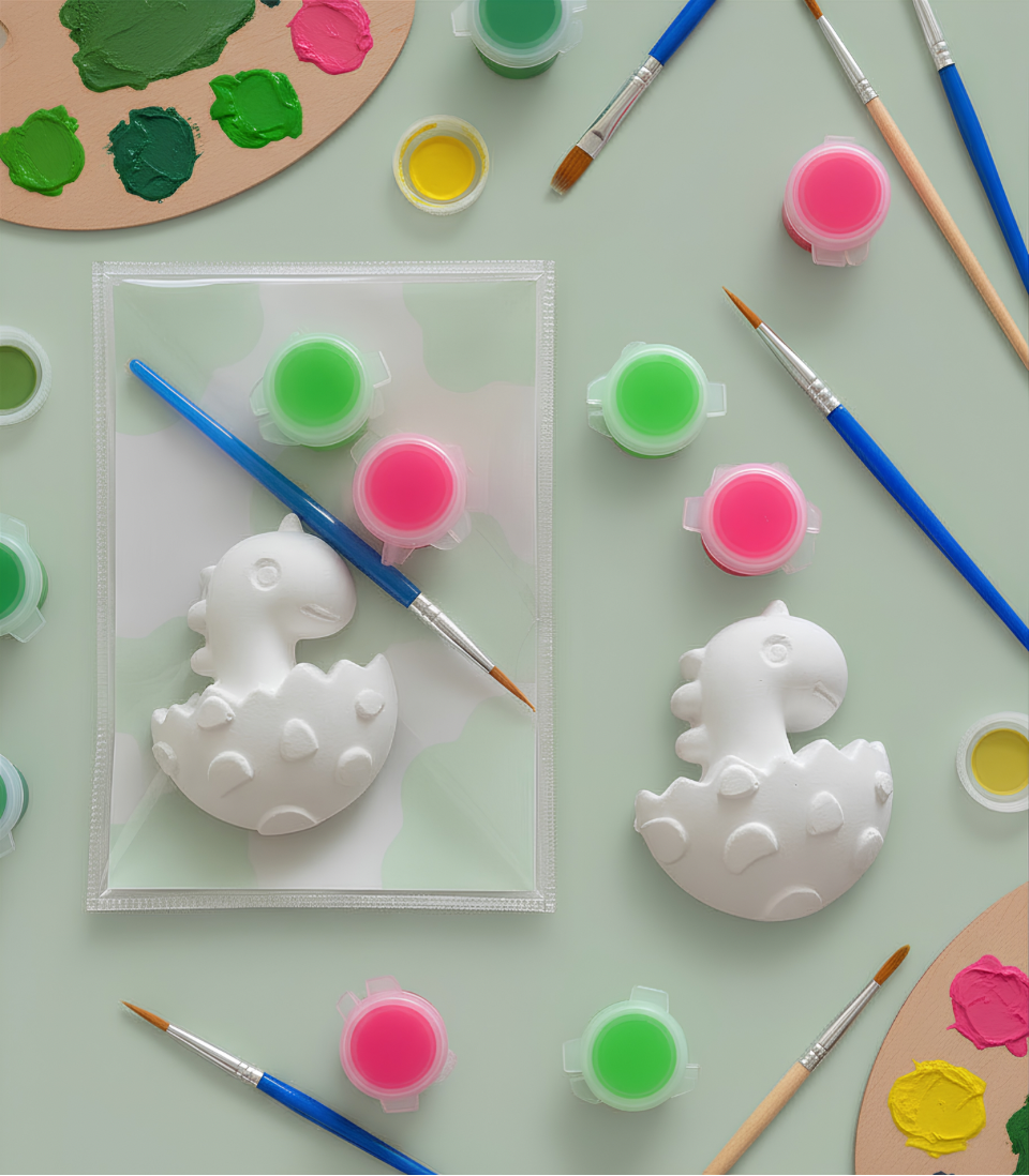 Paintable ceramic dinosaur egg figurine kit with paintbrush and assorted paint colors