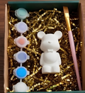 Paintable ceramic bear figurine kit with paintbrush and assorted paint colors